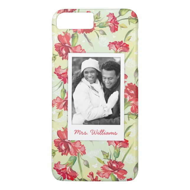 Custom Photo & Name Red Carnations & butterflies Case-Mate iPhone Case (Back)