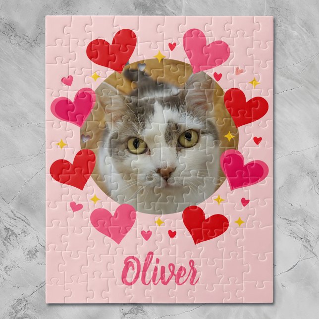Custom Photo Name Red Pink Hearts Personalized Jigsaw Puzzle (Creator Uploaded)