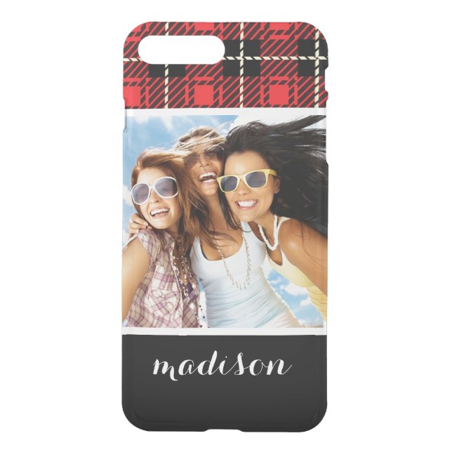 Custom Photo & Name Red Plaid Background Uncommon iPhone Case (Back)