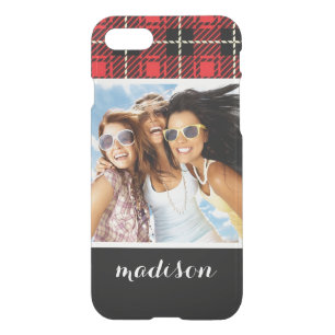 Custom Photo & Name Red Plaid Background iPhone SE/8/7 Case