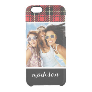 Custom Photo & Name Red Plaid Background Clear iPhone 6/6S Case