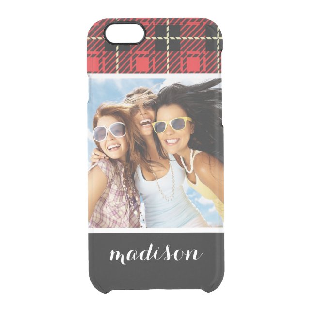 Custom Photo & Name Red Plaid Background Uncommon iPhone Case (Back)