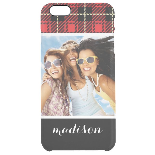 Custom Photo & Name Red Plaid Background Uncommon iPhone Case (Back)
