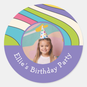 Custom Photo Name Retro Colorful Birthday Party Classic Round Sticker