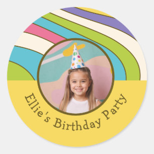 Custom Photo Name Retro Colorful Birthday Party Classic Round Sticker