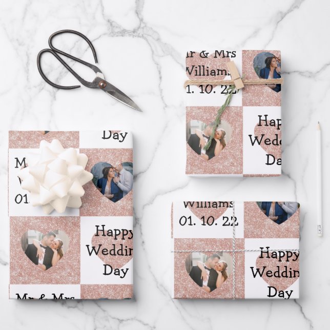 Custom Photo/Name Rose Gold Heart Pattern Wedding Wrapping Paper Sheets (Front)