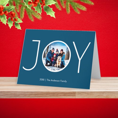 Custom Photo Name Simple Blue Joy Christmas Holiday Card
