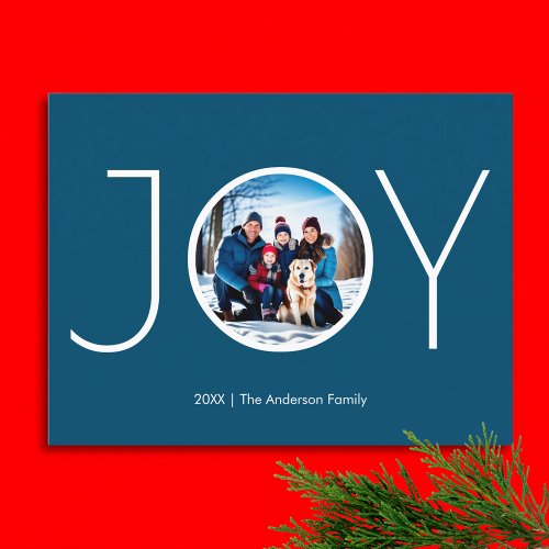 Custom Photo Name Simple Blue Joy Christmas Holiday Postcard
