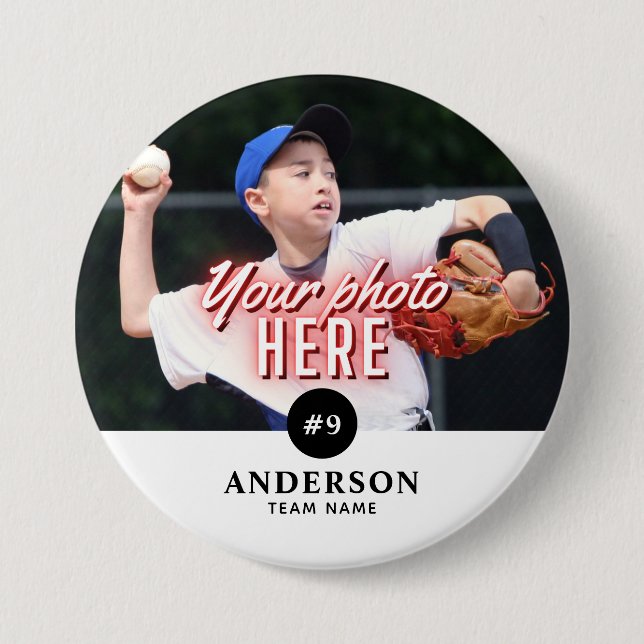 Custom Photo Name, Sports Team & Number Pin Button (Front)
