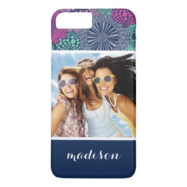Custom Photo & Name Stylish Floral Pattern Case-Mate iPhone Case (Back)