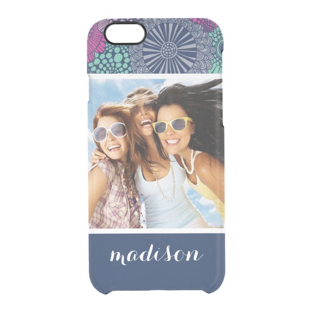 Custom Photo & Name Stylish Floral Pattern Uncommon iPhone Case (Back)