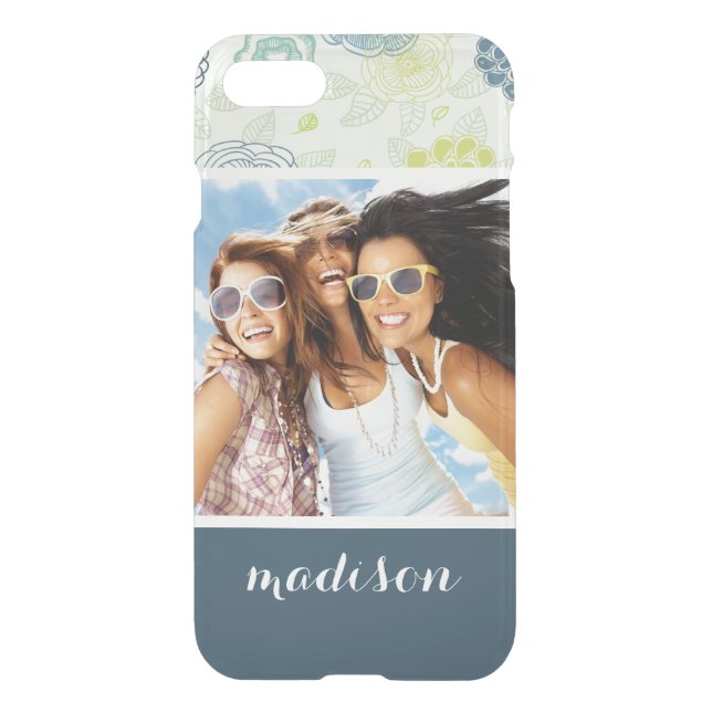 Custom Photo & Name Stylish Floral Pattern Uncommon iPhone Case (Back)