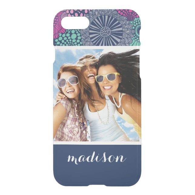 Custom Photo & Name Stylish Floral Pattern Uncommon iPhone Case (Back)
