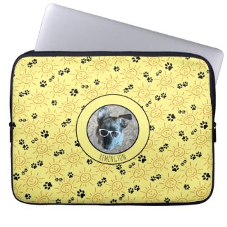 Custom Photo Name Sunshine Black Paws Over Yellow Laptop Sleeve
