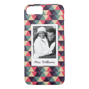 Custom Photo & Name Teal And Pink Triangle Pattern iPhone 8/7 Case