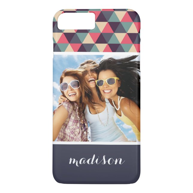 Custom Photo & Name Teal And Pink Triangle Pattern Case-Mate iPhone Case (Back)