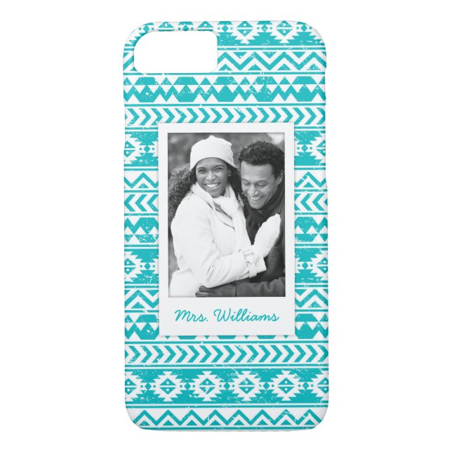 Custom Photo & Name Teal Aztec Tribal Pattern Case-Mate iPhone Case (Back)