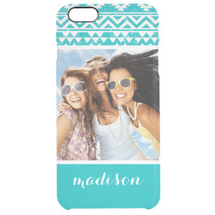 Custom Photo & Name Teal Aztec Tribal Pattern Clear iPhone 6 Plus Case