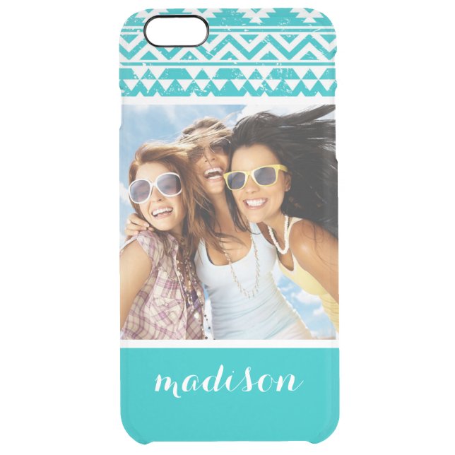 Custom Photo & Name Teal Aztec Tribal Pattern Uncommon iPhone Case (Back)