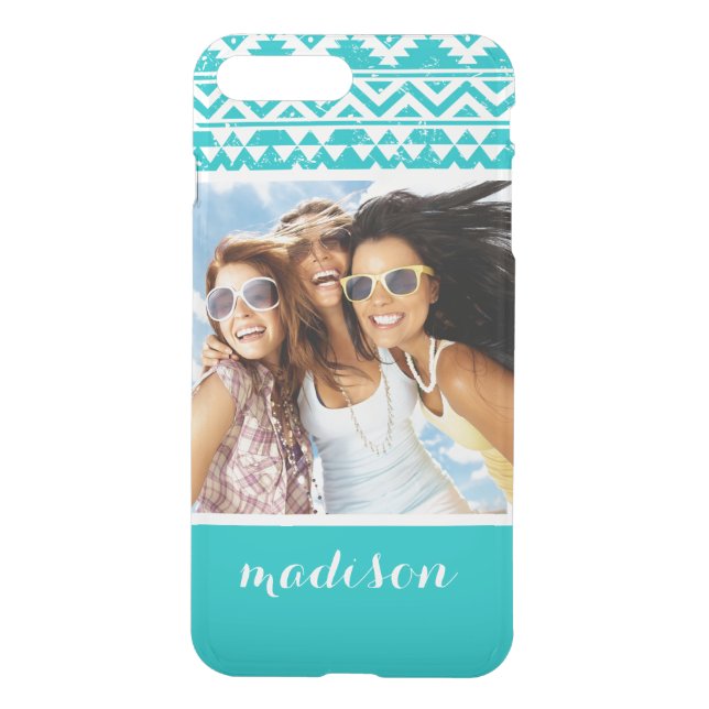 Custom Photo & Name Teal Aztec Tribal Pattern Uncommon iPhone Case (Back)