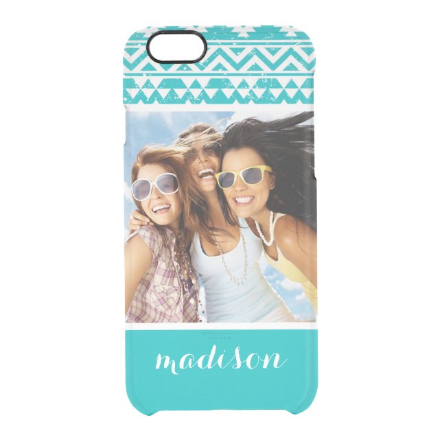 Custom Photo & Name Teal Aztec Tribal Pattern Uncommon iPhone Case (Back)