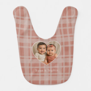 Custom Photo Name Terracotta Beige Plaid Baby Bib
