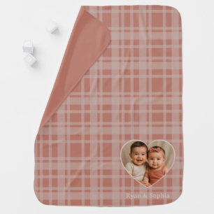 Custom Photo Name Terracotta Beige Plaid Baby Blanket