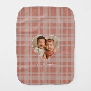 Custom Photo Name Terracotta Beige Plaid Baby Burp Cloth