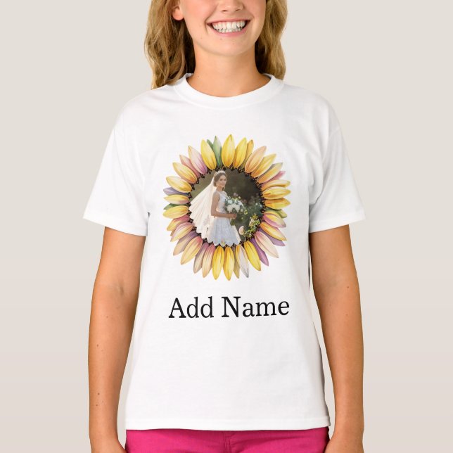 Custom Photo Name Text Personalized sunflower  T-Shirt (Front)