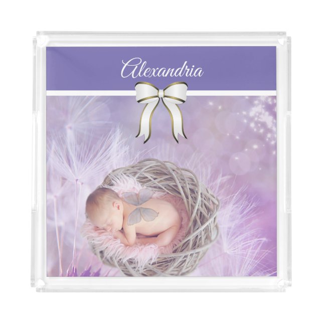 Custom Photo & Name/White Bow Acrylic Tray (Front)