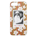 Custom Photo &amp; Name White flowers on stripes iPhone 8/7 Case