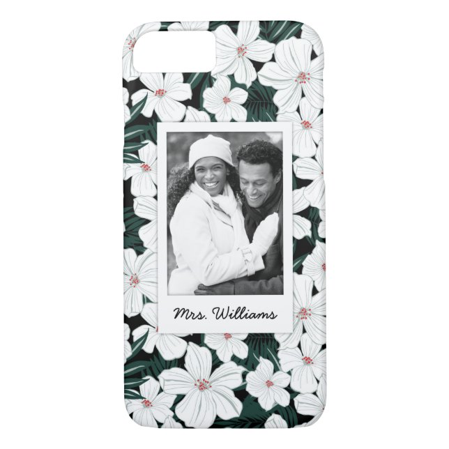 Custom Photo & Name White Tropical Flowers Pattern Case-Mate iPhone Case (Back)