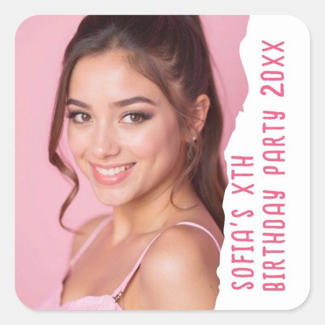 Custom Photo Name Year Birthday Party Any Age Square Sticker (Front)