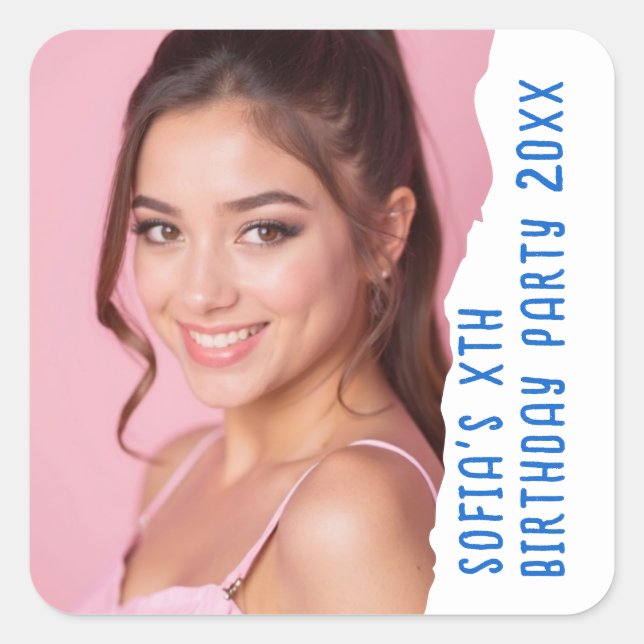 Custom Photo Name Year Birthday Party Any Age Square Sticker (Front)