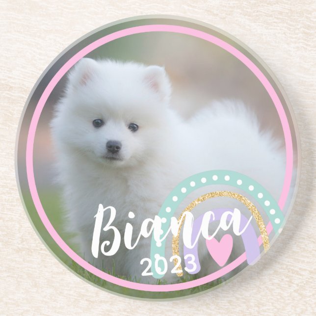 Custom Photo Name Year Rainbow Sandstone Coasters (Front)