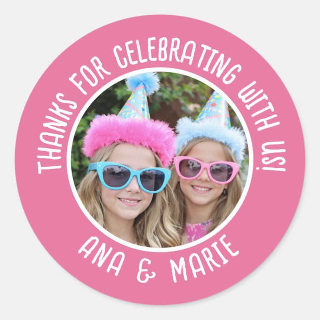Custom Photo Names Double Birthday Thank You Favor Classic Round Sticker (Front)