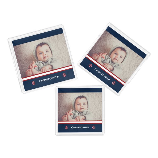 Custom Photo Nautical Marine Navy Blue Red White Acrylic Tray (Set)