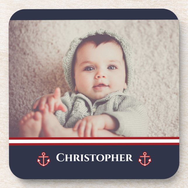 Custom Photo Nautical Marine Navy Blue Red White Beverage Coaster (Front)