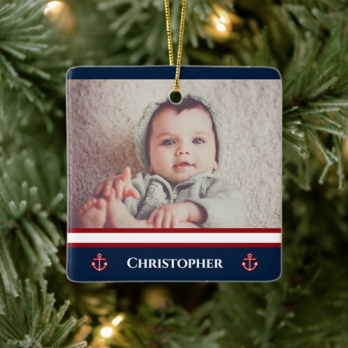 Custom Photo Nautical Marine Navy Blue Red White Ceramic Ornament