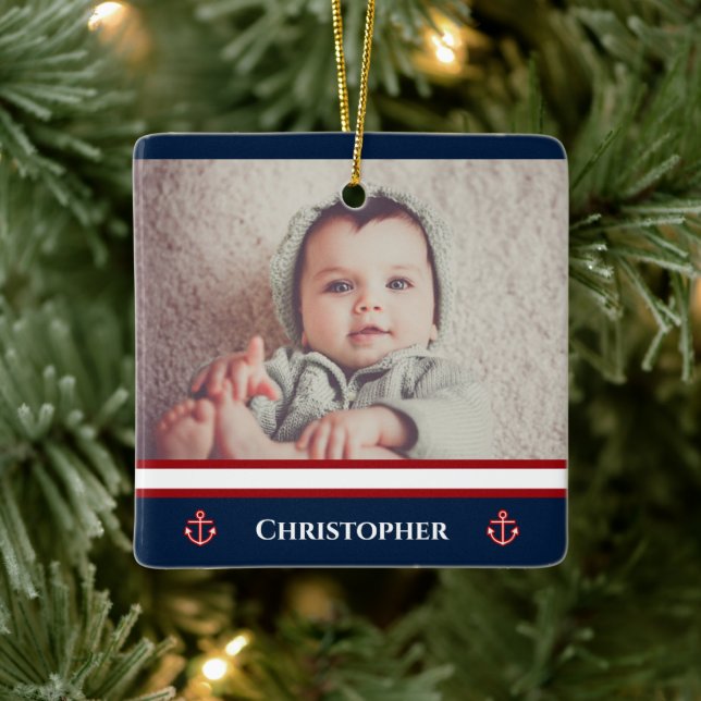 Custom Photo Nautical Marine Navy Blue Red White Ceramic Ornament (Tree)