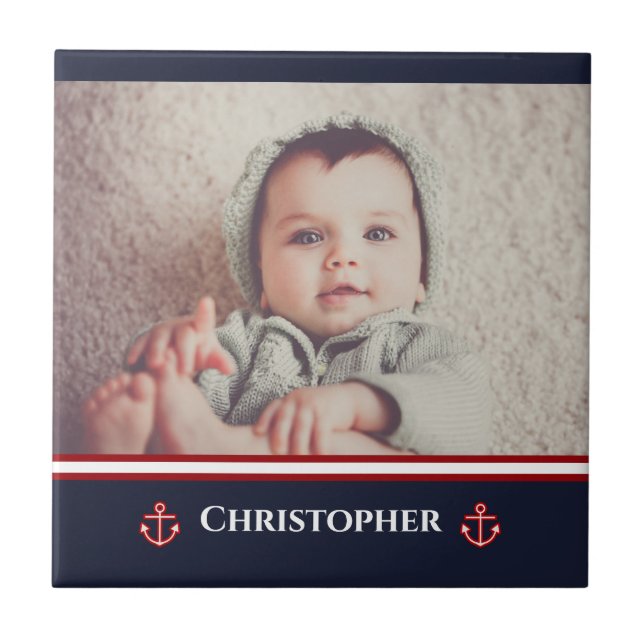 Custom Photo Nautical Marine Navy Blue Red White Ceramic Tile (Front)