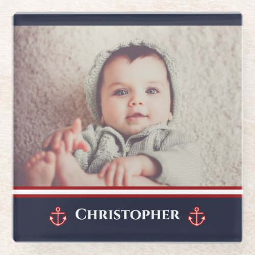 Custom Photo Nautical Marine Navy Blue Red White Glass Coaster