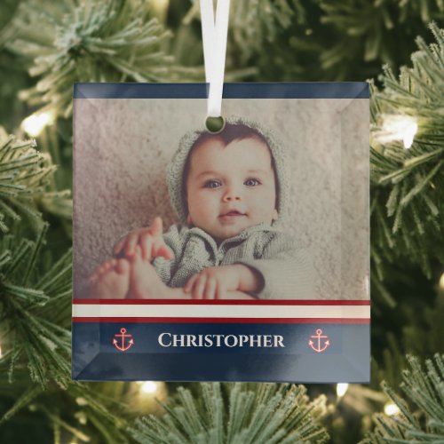 Custom Photo Nautical Marine Navy Blue Red White Glass Ornament