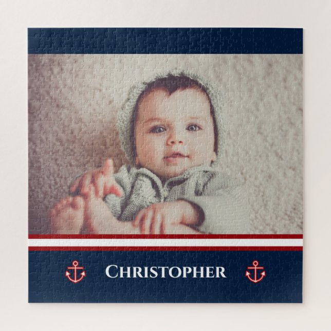Custom Photo Nautical Marine Navy Blue Red White Jigsaw Puzzle (Vertical)