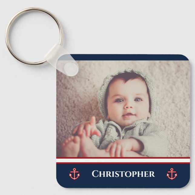 Custom Photo Nautical Marine Navy Blue Red White Keychain (Front)