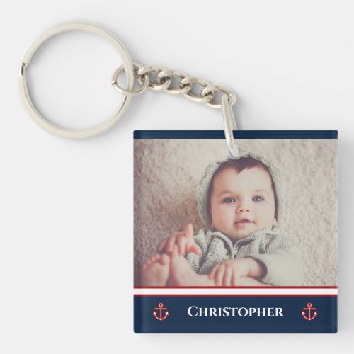 Custom Photo Nautical Marine Navy Blue Red White Keychain