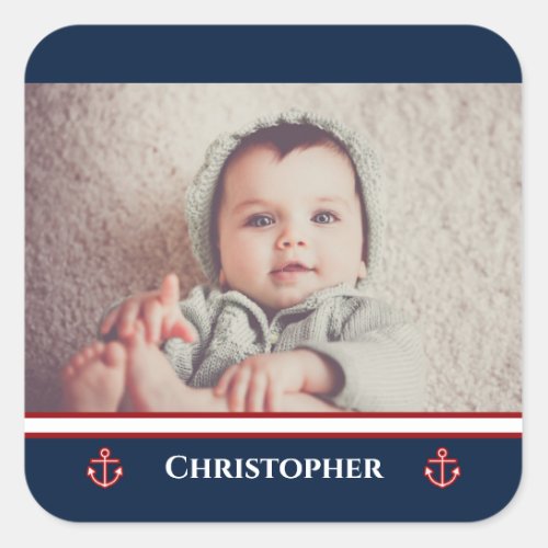 Custom Photo Nautical Marine Navy Blue Red White Square Sticker