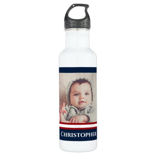 Custom Photo Nautical Marine Navy Blue Red White Stainless Steel Water Bottle