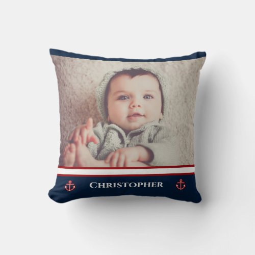 Custom Photo Nautical Marine Navy Blue Red White Throw Pillow