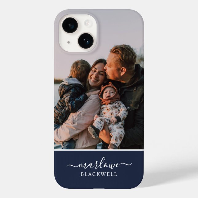 Custom Photo Navy Blue Calligraphy Name Case-Mate iPhone Case (Back)